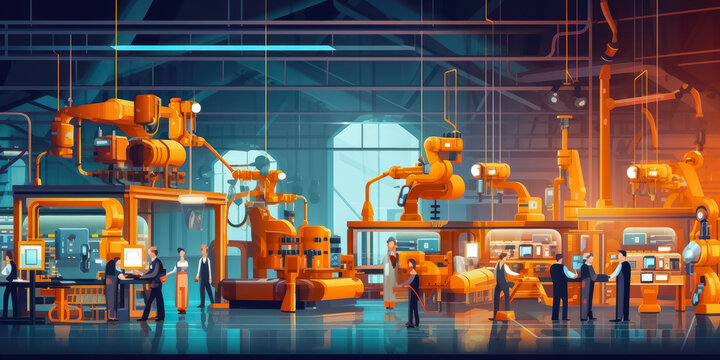 Robots and assembly line with workers , Smart factory industry with engineers workers , Automated production process , Generative Ai