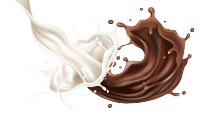 Chocolate and Milk liquid splashing in the middle isolated on solid color background, Vector realistic in 3d illustration.