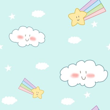 seamless pattern background baby rainbow and cloud in pastel blue sky