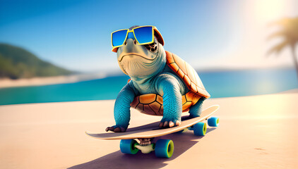turtle enjoy playing on skateboard, summer vacation surreal concept. Ai Generated illustration