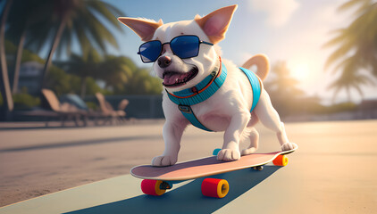 dog enjoy playing on skateboard, summer vacation surreal concept. Ai Generated illustration