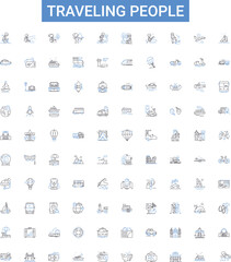 Traveling people outline icons collection. Travellers, Voyagers, Roamers, Explorers, Adventurers, Wanderers, Journeyers vector illustration set. Globetrotters,Vagabonds,Backpackers line signs