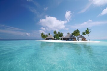 Amazing drone view of the beach and water with beautiful colors. Paradise scenery water villas with amazing sea and beach, tropical nature. summer vacation.