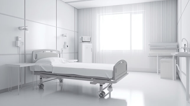 White Recovery Room with beds and comfortable medical equipped in a hospital. Intensive care unit Generative AI