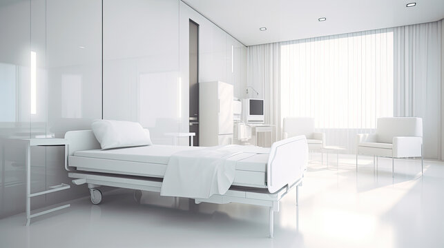White Recovery Room with beds and comfortable medical equipped in a hospital. Intensive care unit Generative AI