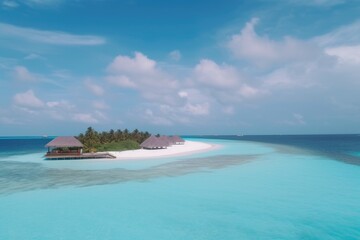 Obraz premium Amazing drone view of the beach and water with beautiful colors. Paradise scenery water villas with amazing sea and beach, tropical nature. summer vacation.