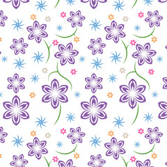 Fototapeta na wymiar Printable seamless flower pattern with different beautiful random colors. Can be used on cute clothing for girls or on other feminine projects as well as spring posts that represents nature. 