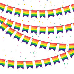 Obraz premium LGBT celebration bunting flags with Confetti on white background.vector illustration