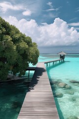 Fototapeta premium Amazing drone view of the beach and water with beautiful colors. Paradise scenery water villas with amazing sea and beach, tropical nature. summer vacation.