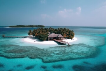 Obraz premium Amazing drone view of the beach and water with beautiful colors. Paradise scenery water villas with amazing sea and beach, tropical nature. summer vacation.