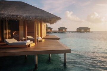 Fototapeta premium Amazing drone view of the beach and water with beautiful colors. Paradise scenery water villas with amazing sea and beach, tropical nature. summer vacation.