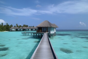 Amazing drone view of the beach and water with beautiful colors. Paradise scenery water villas with amazing sea and beach, tropical nature. summer vacation.