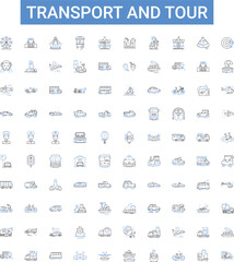 Transport and tour outline icons collection. Transport, Tour, Travel, Bus, Taxi, Car, Rail vector illustration set. Flight,Airline,Cruise line signs