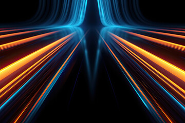 Fototapeta premium Abstract neon background with ascending orange and blue glowing lines. Wallpaper with futuristic rays, 3d rendering