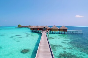 Obraz premium Amazing drone view of the beach and water with beautiful colors. Paradise scenery water villas with amazing sea and beach, tropical nature. summer vacation.