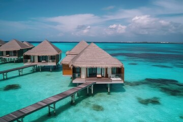 Amazing drone view of the beach and water with beautiful colors. Paradise scenery water villas with amazing sea and beach, tropical nature. summer vacation.