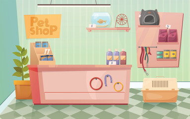 Pet shop interior with nobody.  Things for home animals: dog, cat, parrot, fish. Shelves with accessories, feeds and toys vector illustration.