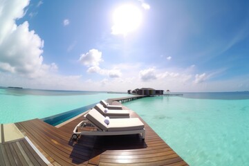 Obraz premium Amazing drone view of the beach and water with beautiful colors. Paradise scenery water villas with amazing sea and beach, tropical nature. summer vacation.