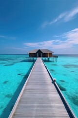 Obraz premium Amazing drone view of the beach and water with beautiful colors. Paradise scenery water villas with amazing sea and beach, tropical nature. summer vacation.