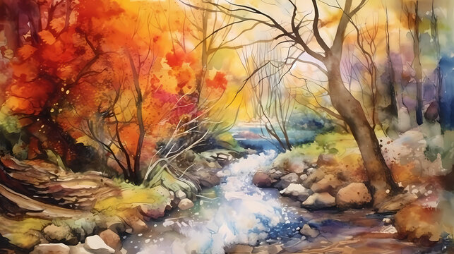 水彩画、自然、自然界、ハイクオリティ、鮮やかな世界、綺麗な川、紅葉、AI