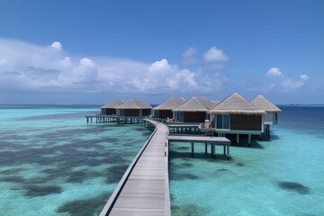 Amazing drone view of the beach and water with beautiful colors. Paradise scenery water villas with amazing sea and beach, tropical nature. summer vacation.