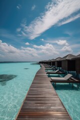 Obraz premium Amazing drone view of the beach and water with beautiful colors. Paradise scenery water villas with amazing sea and beach, tropical nature. summer vacation.