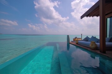 Amazing drone view of the beach and water with beautiful colors. Paradise scenery water villas with amazing sea and beach, tropical nature. summer vacation.