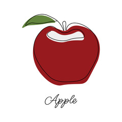 Vector illustration of red apple with inscription. Continuous drawing with one line. Vector illustration. Black line on a white background with colored spots