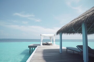 Amazing drone view of the beach and water with beautiful colors. Paradise scenery water villas with amazing sea and beach, tropical nature. summer vacation.