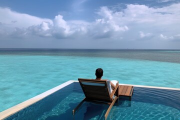 Amazing drone view of the beach and water with beautiful colors. Paradise scenery water villas with amazing sea and beach, tropical nature. summer vacation.