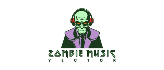 Vector logo with inscription zombie music. A green wrinkled dead man in headphones and a suit. White isolated background.