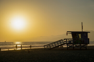 Sunset on Santa Monica beach. Los Angeles, California.