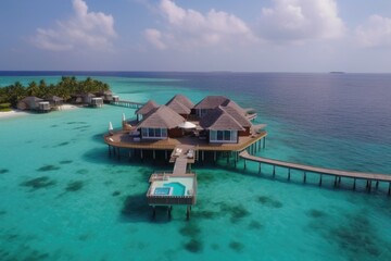 Amazing drone view of the beach and water with beautiful colors. Paradise scenery water villas with amazing sea and beach, tropical nature. summer vacation.