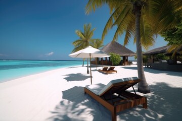 Obraz premium Amazing drone view of the beach and water with beautiful colors. Paradise scenery water villas with amazing sea and beach, tropical nature. summer vacation.