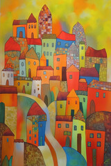 Abstract art colorful background, simple  houses. Modern expressionism town painting. Ai generated