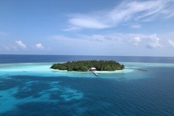 Obraz premium Amazing drone view of the beach and water with beautiful colors. Paradise scenery water villas with amazing sea and beach, tropical nature. summer vacation.