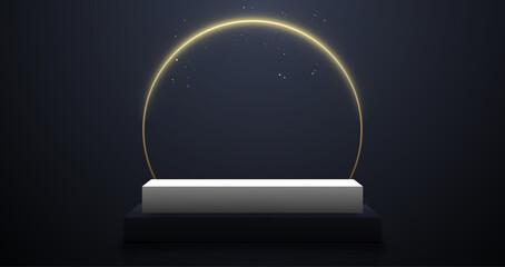 3d realistic podium. Glowing gold circle. Abstract vector rendering for advirtising product display, minimal scene room.
