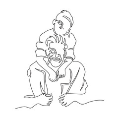Father giving son ride on back. Portrait of happy father giving son piggyback ride on his shoulders. Cute boy with dad in vector illustration continuous line.