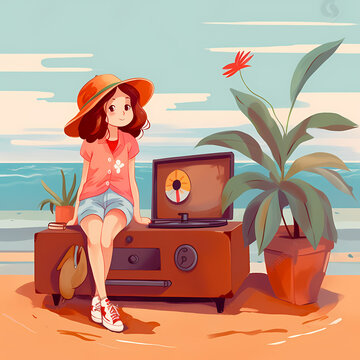 優雅な夏、麦わら帽子を被った女性、ゆるアート、イラスト、かわいい、AI