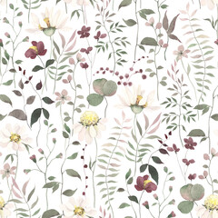 Floral pattern from wildflowers, abstract plants and branches, watercolor isolated seamless illustration for background, textile, wallpapers or floral decorative print.