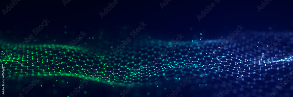 Poster technology hexagon dynamic wave. futuristic honeycomb concept. digital technology webflow. big data 