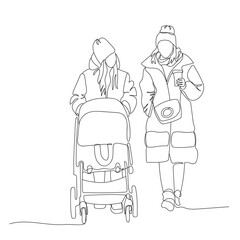 2 women walking with baby stroller outdoor. Wearing coats and hats, holding a coffee on cold winter day. Vector illustration in line art style.