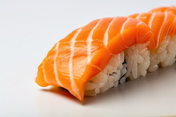 Close up of Salmon sushi on a white table, white background, rice, fresh japanese food. Generative ai