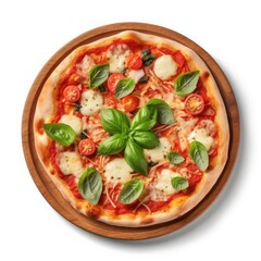 Top view of Pepperoni pizza with basil leaves on wooden board isolatedon white background. Generative ai