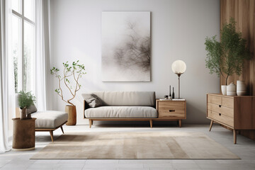 Generative AI. stylish boho compostion at living room interior with design gray sofa, wooden coffee table, commode and elegant personal accessories. Cozy apartment. Home decor. Stylish scandinavian 