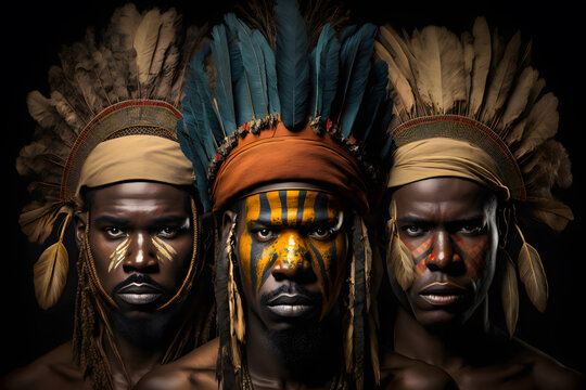 Three male faces of an African, local typical inhabitants of the tribes. Generative AI