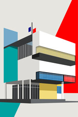 Vector de Edificio Bauhaus geométrico abstracto de colores, porter retro bauhaus para pared, formas geométricas rectangulares de colores para fondo de 
pantalla, cartel de portada decorativo