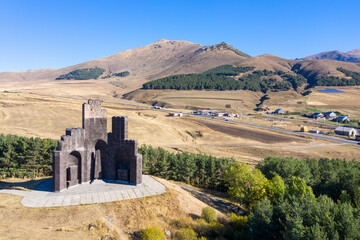 Drone view of Aparan Battle Memorial in Veratsnund Park on sunny summer day. Aparan, Aragatsotn Province, Armenia. © Kirill