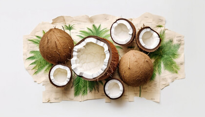 Fototapeta na wymiar Coconut, Beach, Vacation, Travel Lifestyle, Beach fruits, Coconut tree, Coconut drink, Fruits, Banana, Mango, Pineapple, Coconut leaves, Beach and Coconut, Coconut juice