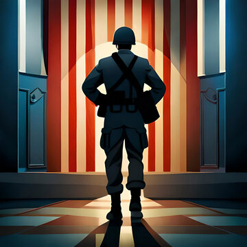 A cartoon image of a soldier with the american flag behind him, ai generate